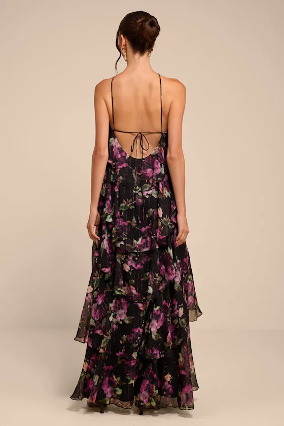 Avamarie Black Floral Tiered Halter Maxi Dress sold by Lulus product image thumbnail 3