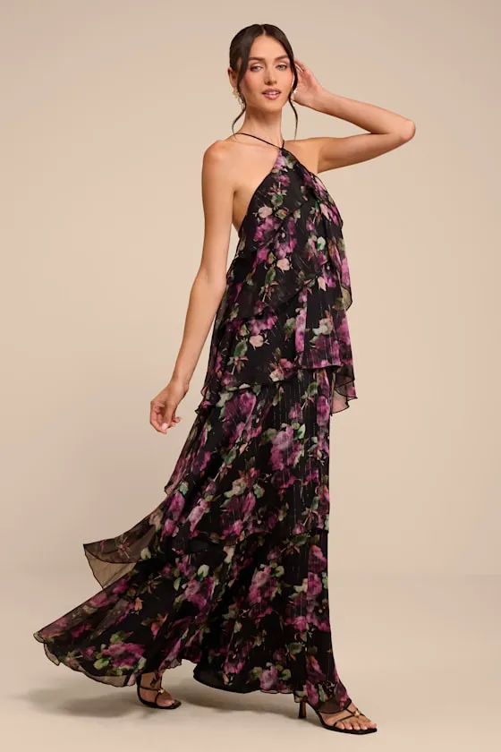 Avamarie Black Floral Tiered Halter Maxi Dress sold by Lulus product image thumbnail 4