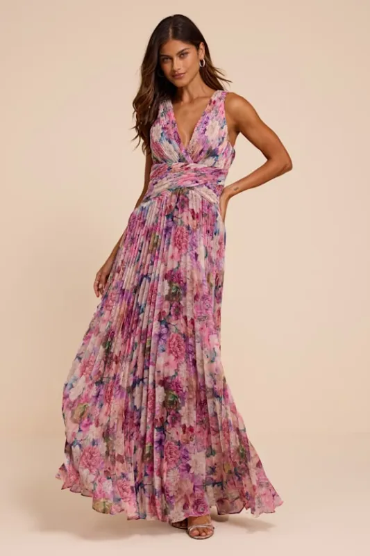 Andra Purple Floral Pleated Lace-Up Maxi Dress made by Lulus