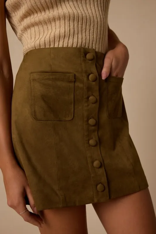 Earnshaw Olive Green Suede Button-Front Mini Skirt made by Lulus