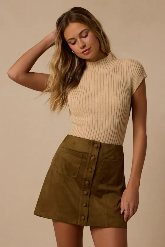 Earnshaw Olive Green Suede Button-Front Mini Skirt sold by Lulus product image thumbnail 2