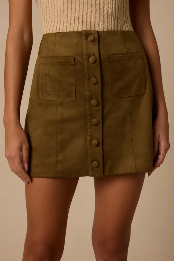 Earnshaw Olive Green Suede Button-Front Mini Skirt sold by Lulus product image thumbnail 4