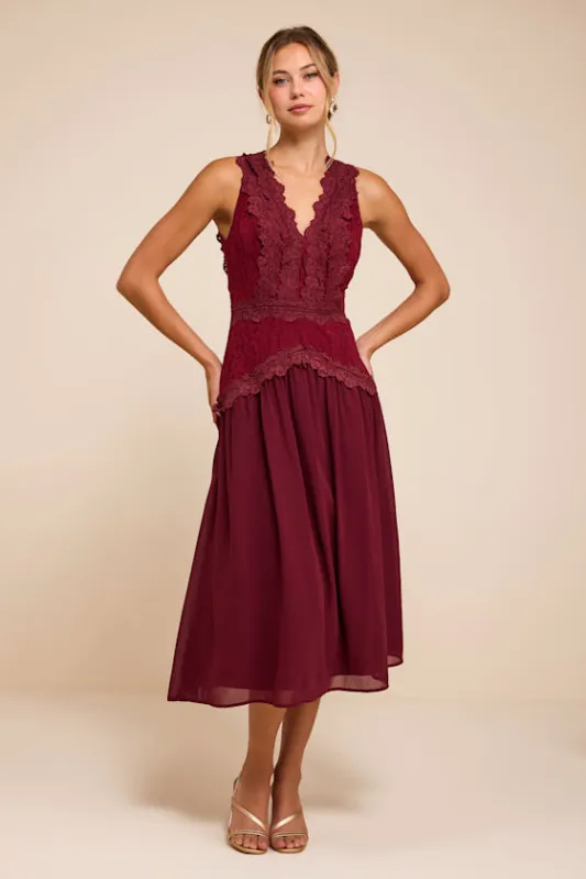 Zooey Burgundy Lace Backless Midi Dress made by Lulus