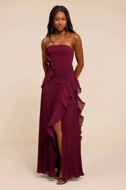 Brylee Burgundy Pleated Ruffled Maxi Dress made by Lulus