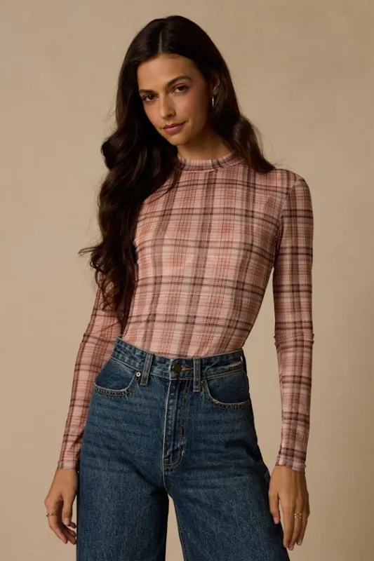 Autumn Pink Plaid Mesh Long Sleeve Top made by Lulus