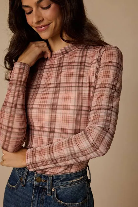 Autumn Pink Plaid Mesh Long Sleeve Top sold by Lulus product image thumbnail 4