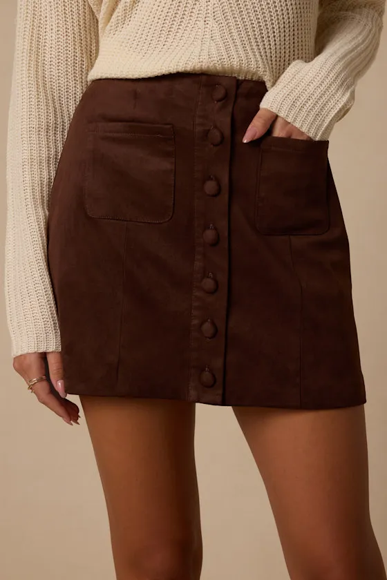 Earnshaw Dark Brown Suede Button-Front Mini Skirt sold by Lulus product image thumbnail 2
