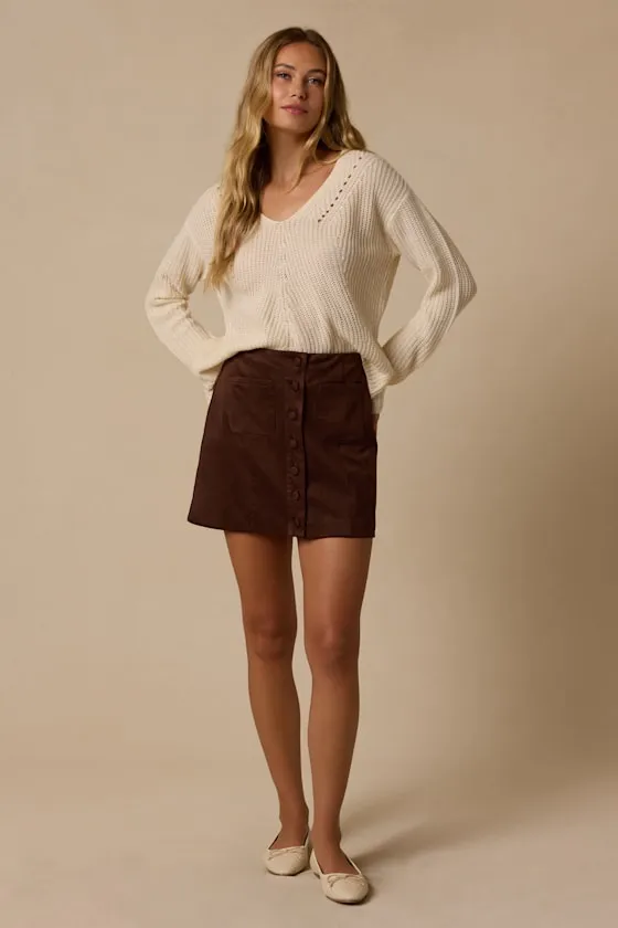 Earnshaw Dark Brown Suede Button-Front Mini Skirt sold by Lulus product image thumbnail 3