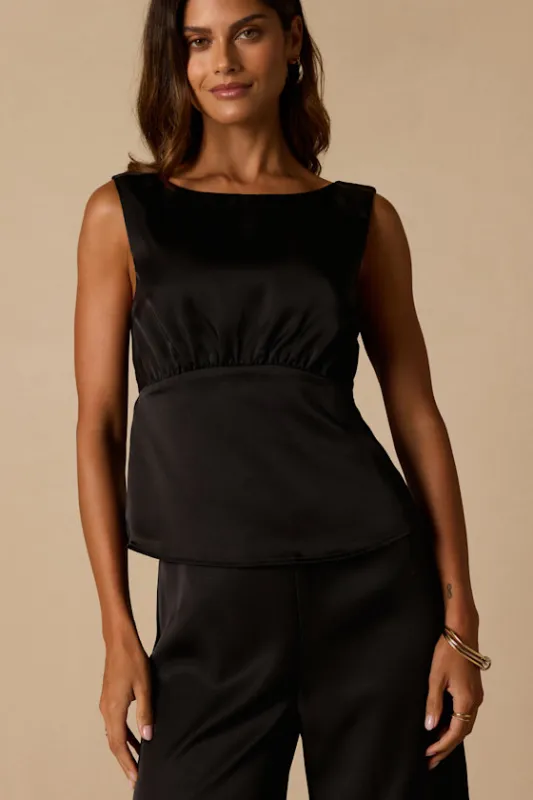 Arquette Black Satin Cowl Back Tank Top made by Lulus