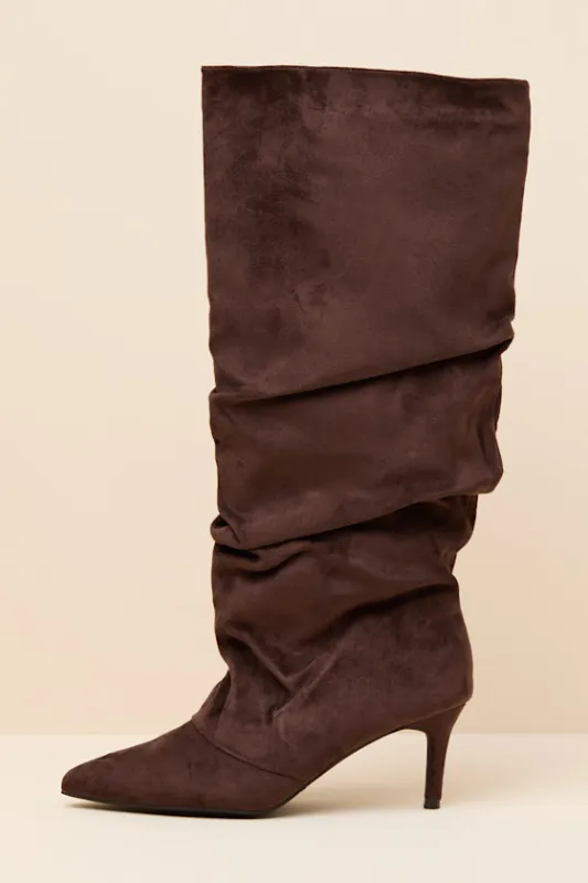 Maggie Brown Suede Pointed-Toe Ruched Knee-High Boots made by Lulus