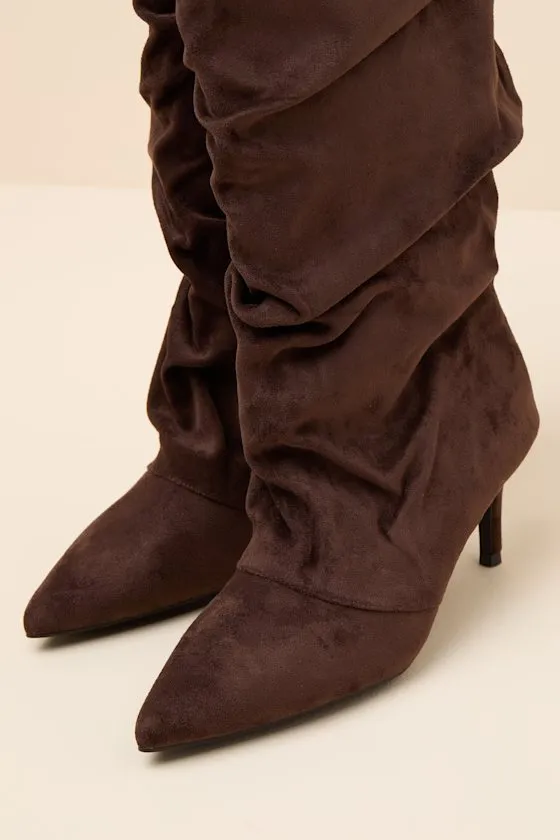 Maggie Brown Suede Pointed-Toe Ruched Knee-High Boots sold by Lulus product image thumbnail 2