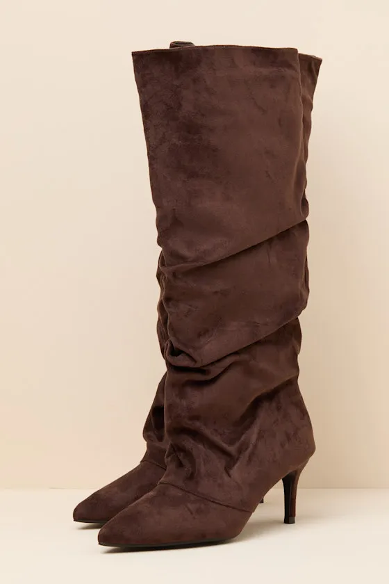Maggie Brown Suede Pointed-Toe Ruched Knee-High Boots sold by Lulus product image thumbnail 3