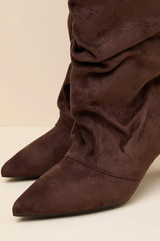 Maggie Brown Suede Pointed-Toe Ruched Knee-High Boots sold by Lulus product image thumbnail 4