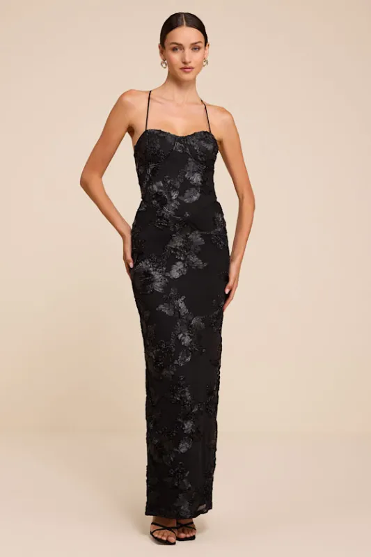 Nantessa Black Floral Applique Lace-Up Maxi Dress made by Lulus