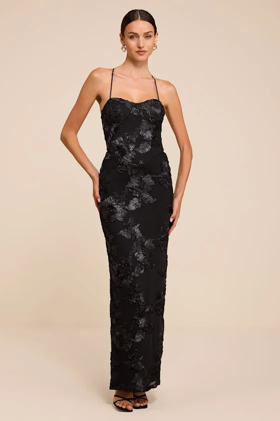 Nantessa Black Floral Applique Lace-Up Maxi Dress sold by Lulus