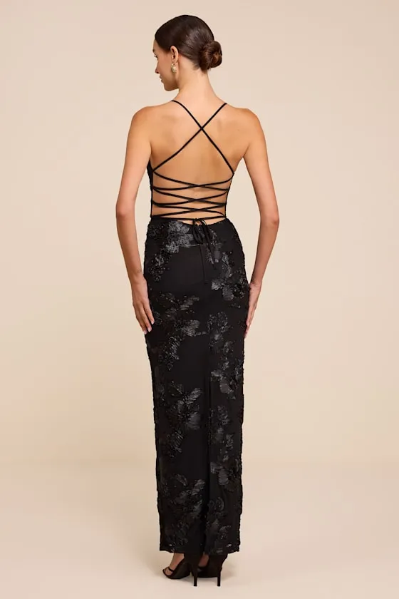 Nantessa Black Floral Applique Lace-Up Maxi Dress sold by Lulus product image thumbnail 3