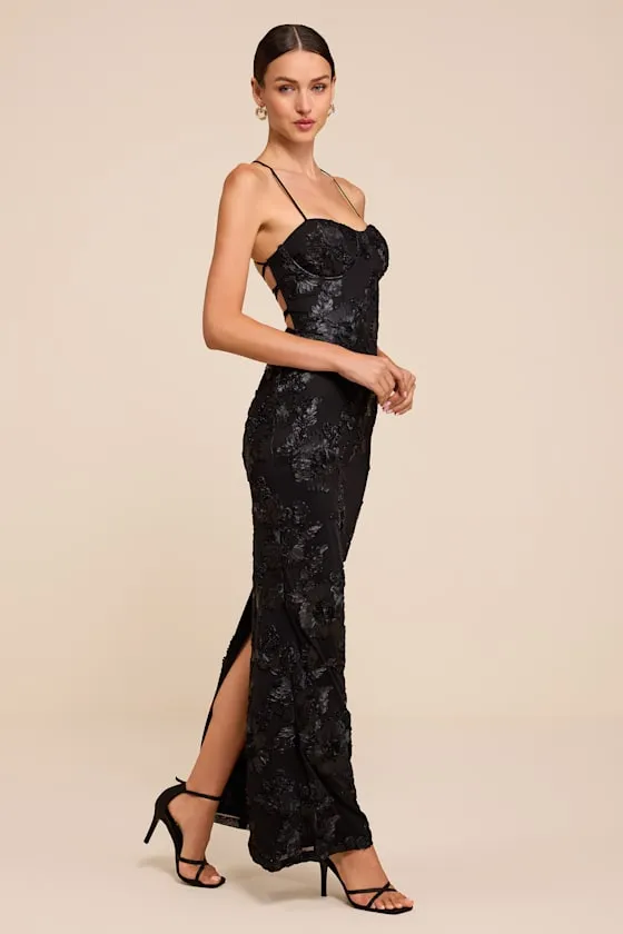 Nantessa Black Floral Applique Lace-Up Maxi Dress sold by Lulus product image thumbnail 4