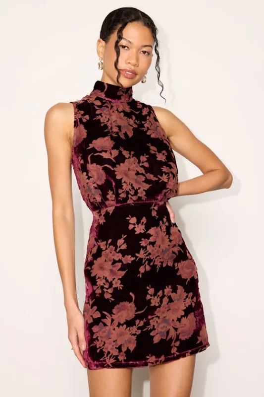 Gorgeous Darling Burgundy Floral Velvet Mock Neck Mini Dress made by Lulus