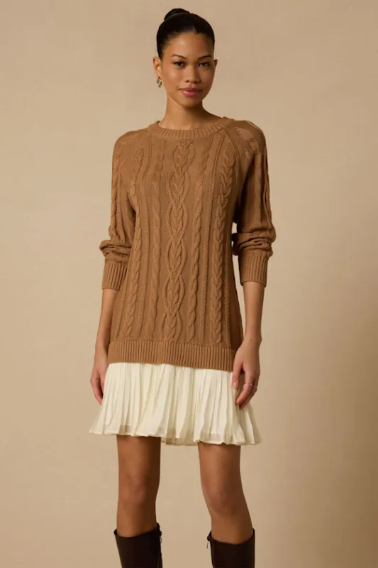 Alvie Light Brown Cable Knit Drop Waist Sweater Dress made by Lulus