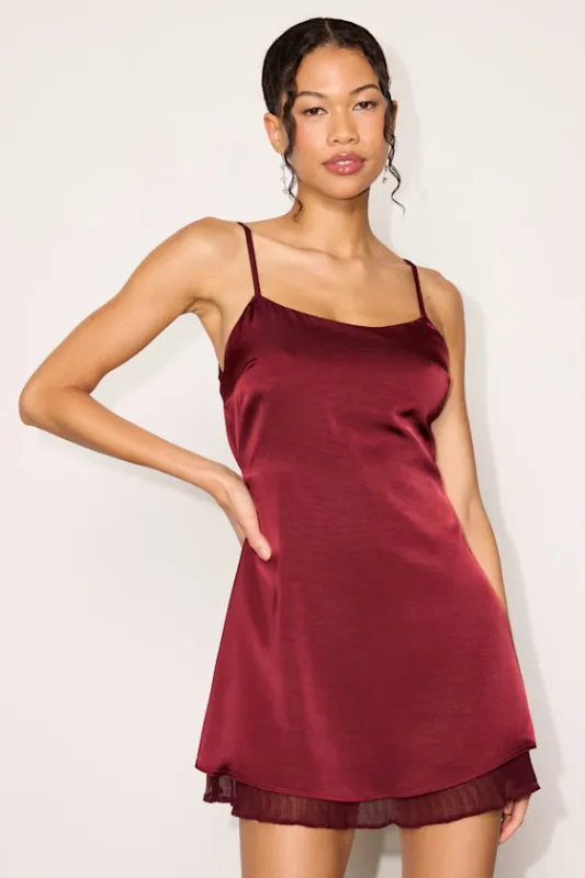 Dandria Wine Red Satin Cowl Back Mini Dress made by Lulus