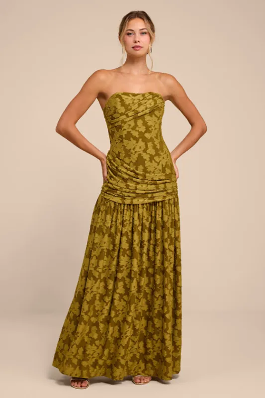 Anaiis Olive Green Floral Burnout Strapless Maxi Dress made by Lulus