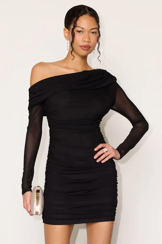 Darla Black Mesh One-Shoulder Long Sleeve Mini Dress made by Lulus