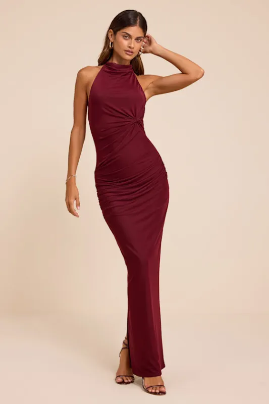 Frona Burgundy Mesh Backless Maxi Dress made by Lulus