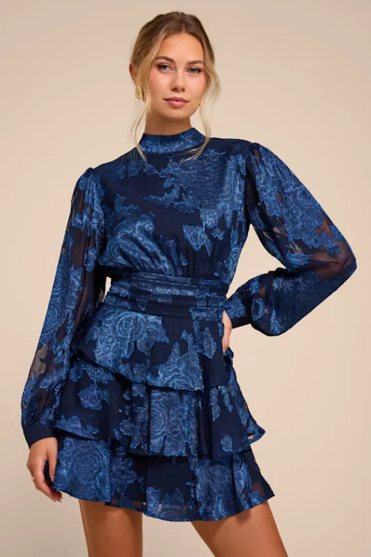 Maeve Navy Blue Floral Burnout Tiered Mini Dress made by Lulus