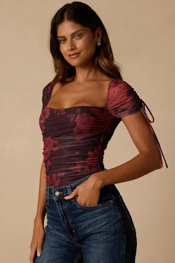Zaharina Plum Floral Mesh Ruched Short Sleeve Bodysuit sold by Lulus