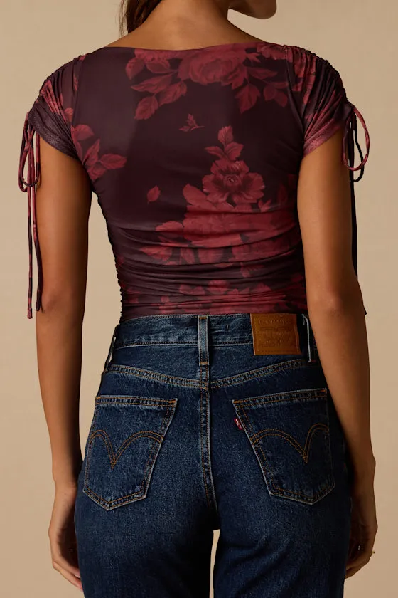 Zaharina Plum Floral Mesh Ruched Short Sleeve Bodysuit sold by Lulus product image thumbnail 2