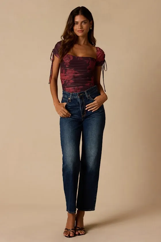 Zaharina Plum Floral Mesh Ruched Short Sleeve Bodysuit sold by Lulus product image thumbnail 3