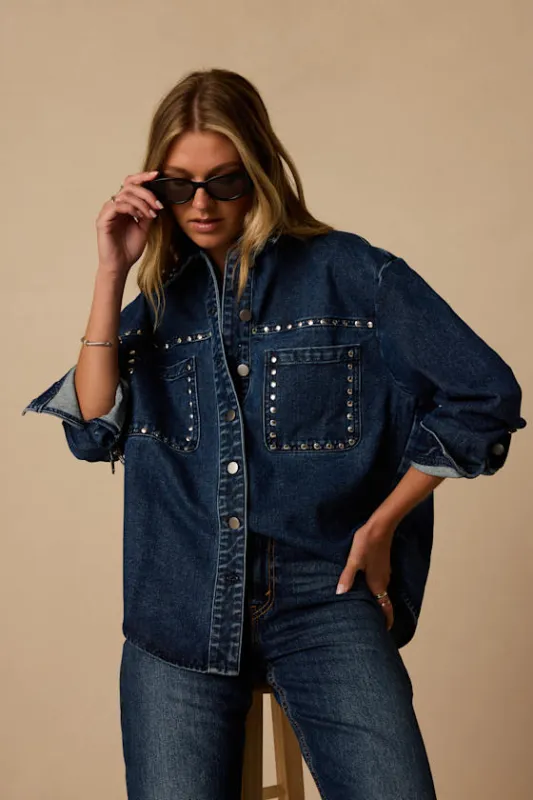 Norton Dark Wash Studded Oversized Denim Jacket made by Lulus