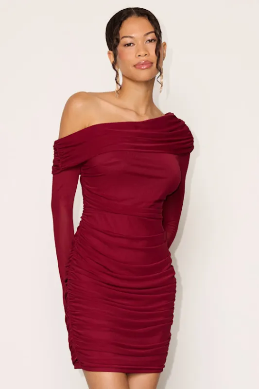 Darla Burgundy Mesh One-Shoulder Long Sleeve Mini Dress made by Lulus