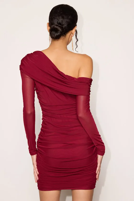 Darla Burgundy Mesh One-Shoulder Long Sleeve Mini Dress sold by Lulus product image thumbnail 2