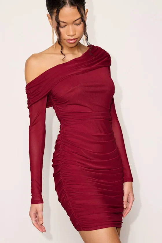 Darla Burgundy Mesh One-Shoulder Long Sleeve Mini Dress sold by Lulus product image thumbnail 4