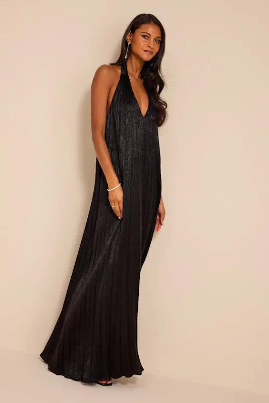 Gelsey Black Pleated Halter Shift Maxi Dress made by Lulus