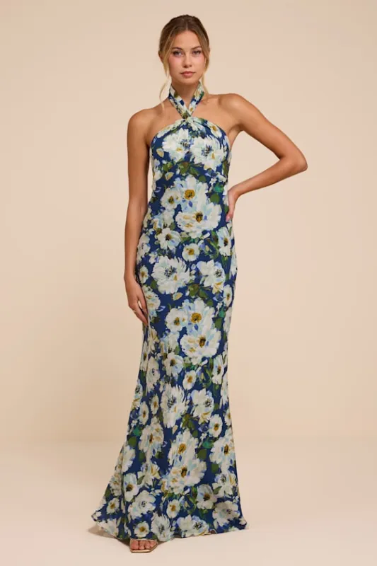 Neely Blue Floral Halter Maxi Dress made by Lulus