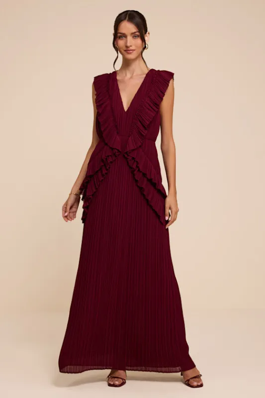 Flora Burgundy Pleated Ruffled Maxi Dress made by Lulus