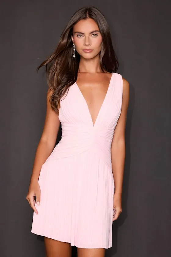 Rhea Light Pink Pleated Skater Mini Dress sold by Lulus