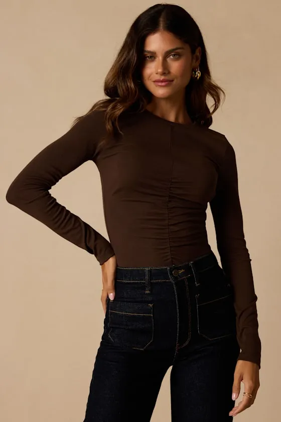 Casual Energy Dark Brown Ruched Long Sleeve Crew Neck Top sold by Lulus