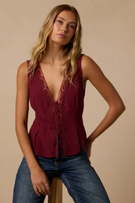 Mindy Burgundy Lace Button-Front Tank Top made by Lulus