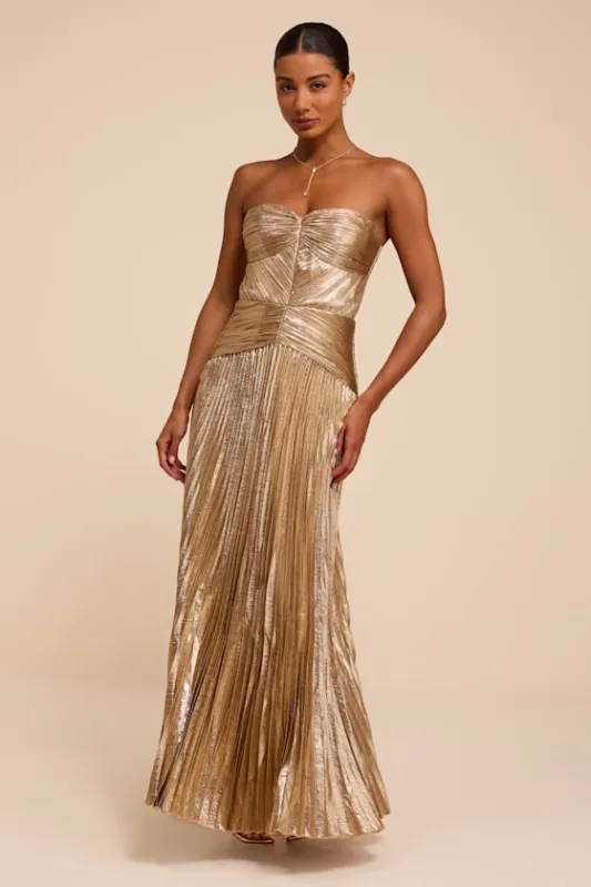 Charlene Champagne Pleated Strapless Maxi Dress made by Lulus