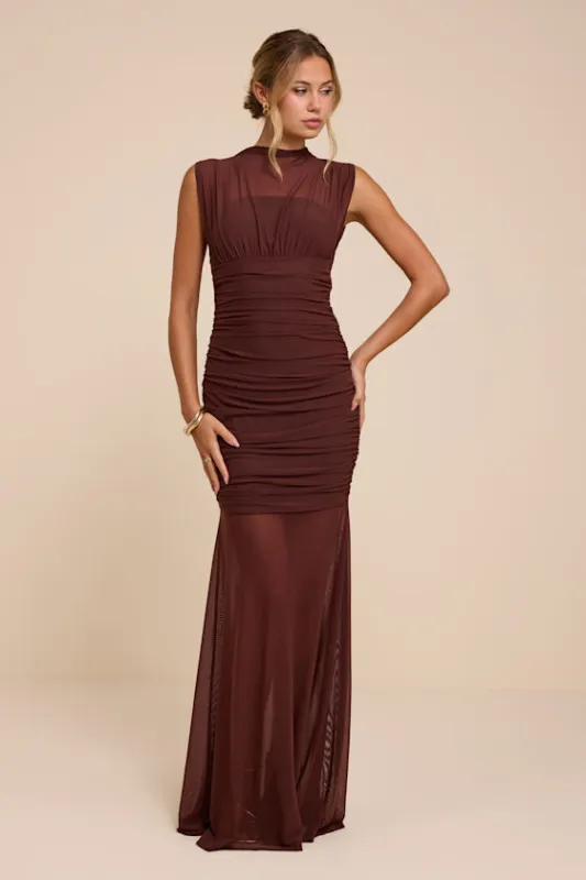 Montecito Brown Mesh Trumpet Maxi Dress made by Lulus