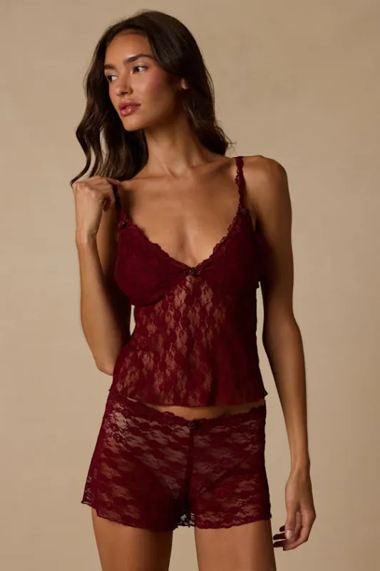 Romantasy Wine Red Lace Lingerie Pajama Set made by Lulus