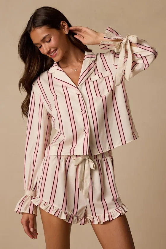 Kelda Cream Striped Satin Ruffled Two-Piece Pajama Set sold by Lulus