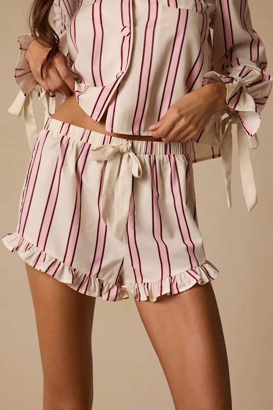 Kelda Cream Striped Satin Ruffled Two-Piece Pajama Set sold by Lulus product image thumbnail 2