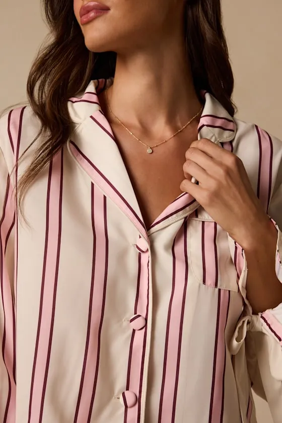 Kelda Cream Striped Satin Ruffled Two-Piece Pajama Set sold by Lulus product image thumbnail 4