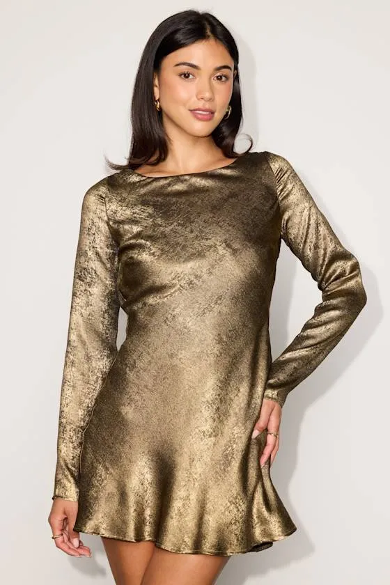 Stellina Gold Metallic Satin Long Sleeve Mini Dress sold by Lulus