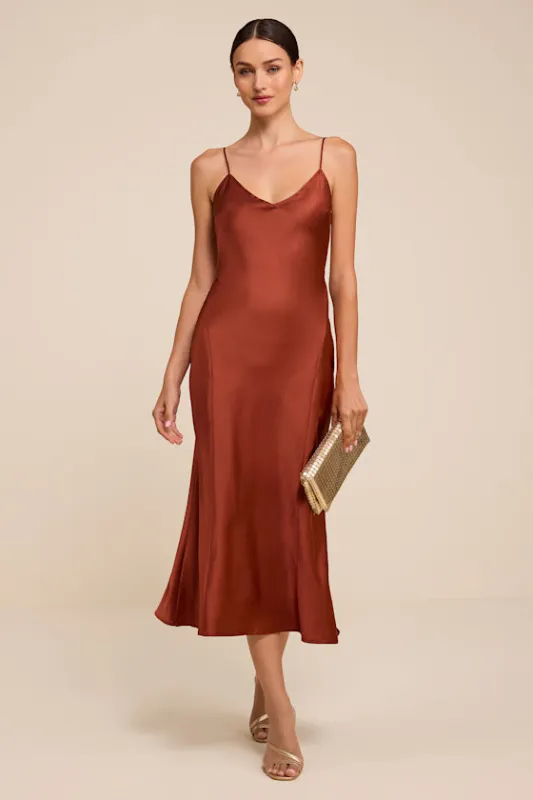 Val Copper Satin Backless Midi Dress made by Lulus