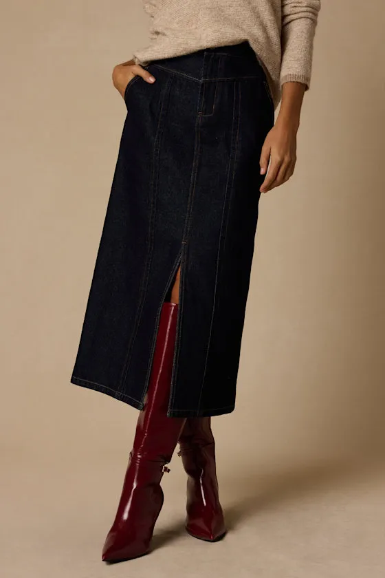 Aisling Dark Wash High-Rise Denim Midi Skirt sold by Lulus product image thumbnail 2